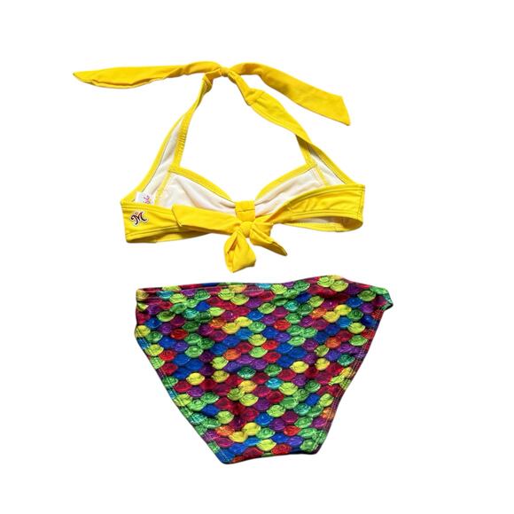 Girls S Mermaidens Yellow Halter Bow Tie Rainbow Mermaid Print Bikini Swimsuit - Picture 2 of 2